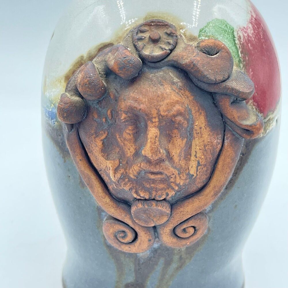 Vintage Signed Chappelle Artisan Pottery Vase Jug Pitcher Old Man Winter Face - Picture 2 of 9